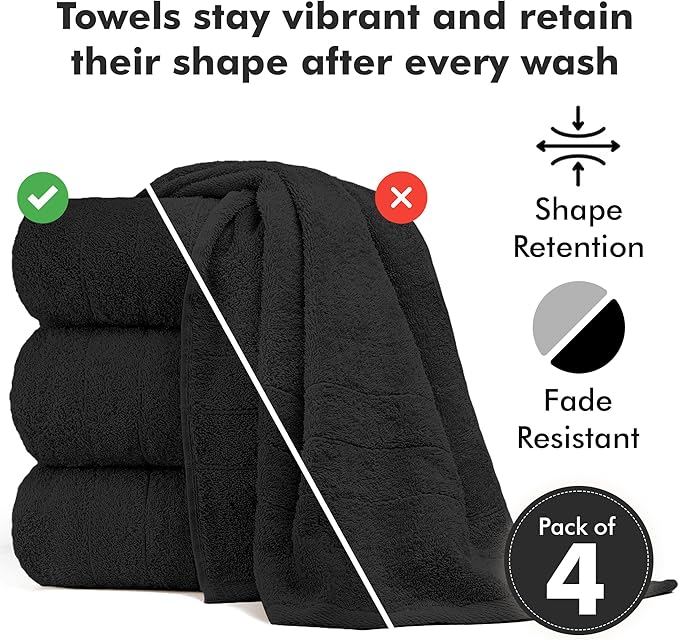 Bath Towels Set of 4 – 100% Cotton Black Extra Large Towels for Bathroom, Spa Use (55x28 in) – Super Soft and Quick Dry Large Bath Sheets for Adults