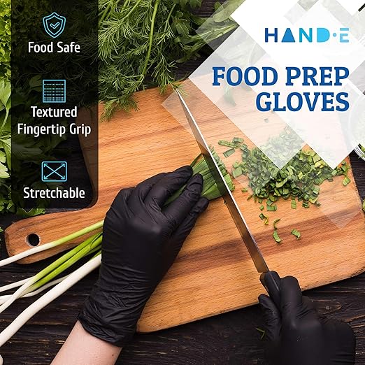 Hand-E Touch Disposable Black Nitrile Gloves Large - 200 Count - Heavy Duty 5 Grams Thick Industrial Grade - Powder Free, Latex Free, Textured Grip, Extra Length Cuff - BBQ, Hot Food Prep, Cleaning