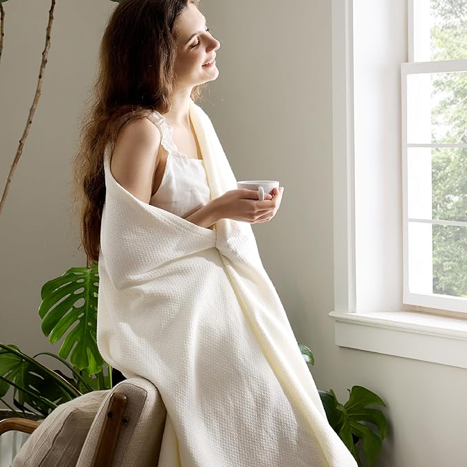Bedsure GentleSoft 100% Cotton Blanket Twin XL Size for Bed - Breathable and Lightweight, Soft Cozy Textured Herringbone Woven Summer Blanket for College Dorm, Cream, 66x90 inches