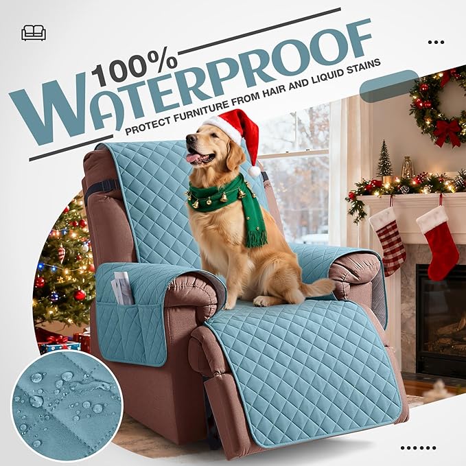 KinCam 100% Waterproof Recliner Chair Cover, Reclining Couch Covers for Pets, Dogs, Recliner Couch Slipcover Furniture Protector with Elastic Straps for Kids(25", Light Blue)