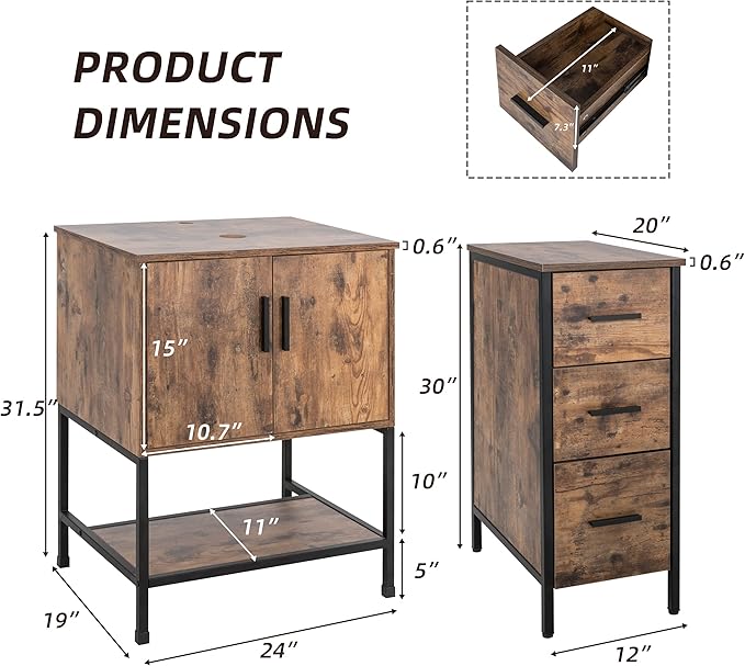 eclife 36" Bathroom Vanity Sink Combo Modern Metal Stand Cabinet W/Bottom Shelf & Storage Side Cabinet, Rustic Brown (Without Sink)