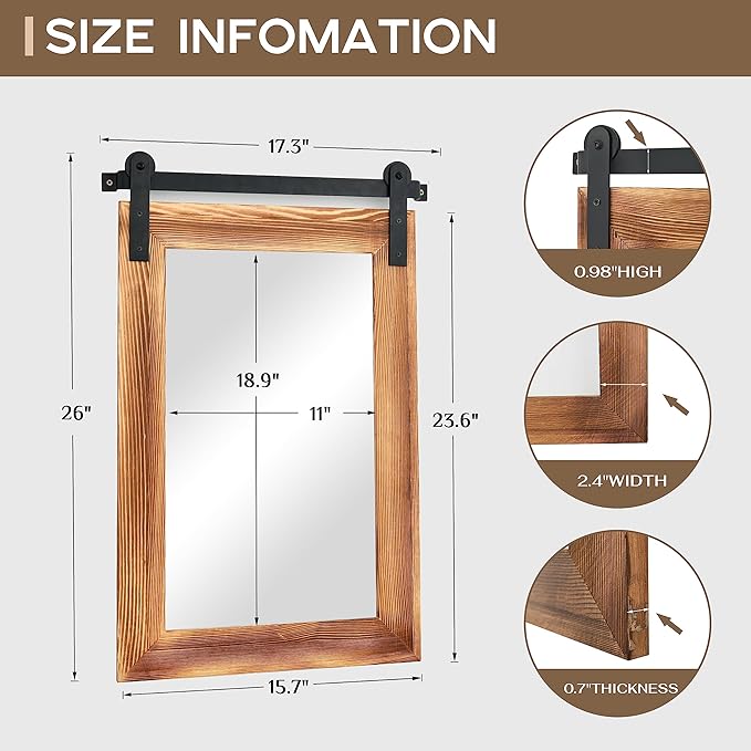 COGOOD Farmhouse Barn Door Mirror - 26" X 17" Rustic Wood Framed Wall Mirror for Bathroom, Living Room, Entryway Wall Decorative (Brown)