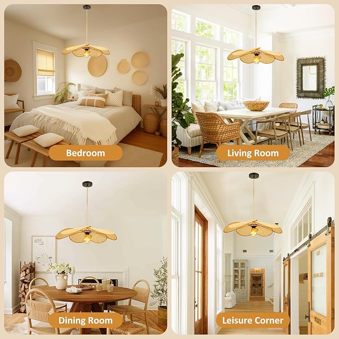 Bamboo Pendant Light Fixture, 24 Inch Flower Handwoven Rattan Lampshade 5”-34.5” Adjustable Height Hanging Lights, Boho Chandelier Ceiling Hanging Lamp for Living Room Kitchen Bedroom(Not Bulb)
