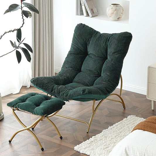 Welnow Modern Accent Chair with Ottoman, Upholstered Comfy Lounge Recliner Sofa, Thick Cushion Oversized Lazy Reading Chair with Footrest for Living Room, Bedroom, Apartment, Office, Dorm, Dark Green