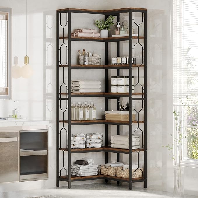 Tribesigns Corner Shelf, 7-Tier Industrial Corner Bookshelf, Wood and Metal Etagere Bookcase, Freestanding Display Shelf for Living Room, Kitchen, Home Office, Rustic Brown