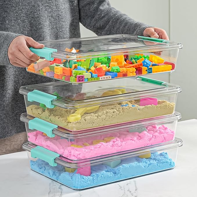 6 QT Clear Plastic Storage Bins with Lids, Stackable Sensory Bin Tools, Arts Crafts Organizers and Storage Containers with Lids for Home, Office, Classroom and Workshop Organization, 4 Pack