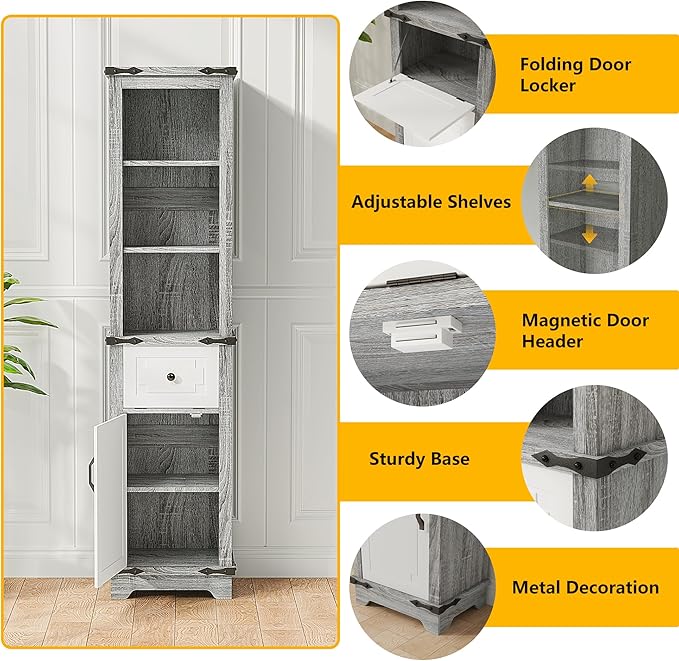 63 Inch Tall Corner Cabinet, Modern Corner Storage Cabinet with Door & Adjustable Shelves & Drawers, Anti-Tipping Free Standing Linen Tower for Bedroom, Bathroom, Kitchen, Pantry (Grey)