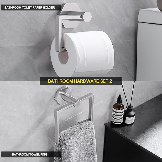 GERZWY SUS 304 Stainless Steel 2 Piece Bathroom Hardware Set Towel Ring and Toilet Paper Holder Wall Mounted, Brushed Finish