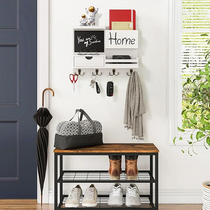 Farmhouse Key Holder for Wall with Mail Organizer - Easy Installation Wall Mount Organizer, Includes Chalkboard, Drawer, Wallet Holder & 4 Double Hooks, Ideal for Entryway, Quick Access - White