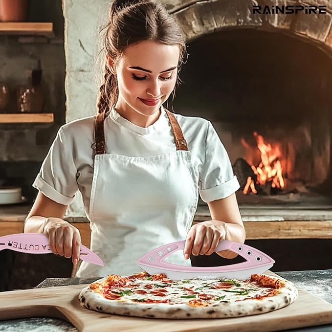 Rainspire 12" Pizza Cutter Rocker Blade Stainless Steel Pizza Rocker with Cover Sharp Blade Pizza Knife Dishwasher Safe Kitchen Gadgets Home Essentials, Pink