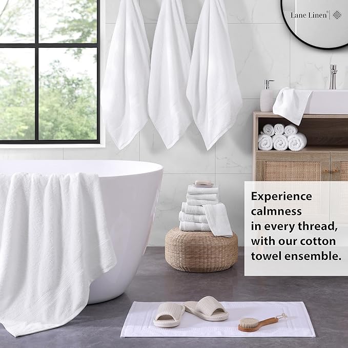 LANE LINEN Cotton Bath Towel Set 18 Piece - Super Soft, Absorbent & Quick Dry - 4 Bath, 8 Washcloths, 6 Hand Towels for Bathroom - Hotel Quality Turkish Towels, Ideal for Spa, Gym & Travel - White