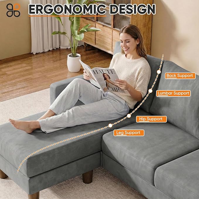 JUMMICO L Shape Sectional Sofa Couch, 3 Seat Convertible Sofa with Movable Ottoman and Side Storage Pockage, Modern Sofa Small Couches for Living Room & Apartment and Small Space (Linen, Grey)