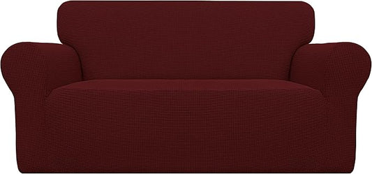 Easy-Going Stretch Loveseat Slipcover 1-Piece Sofa Cover Furniture Protector Couch Soft with Elastic Bottom for Kids Polyester Spandex Jacquard Fabric Small Checks (Loveseat, Wine)