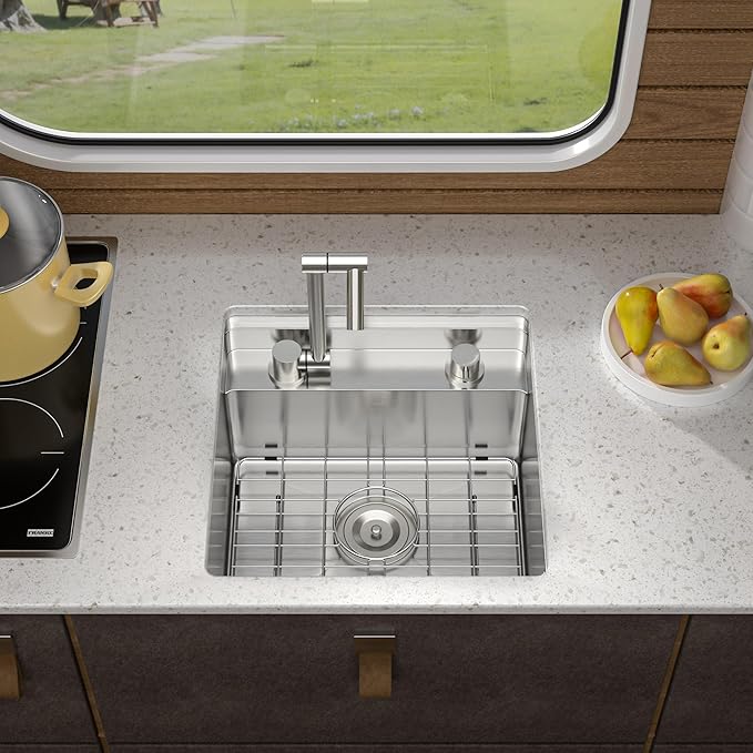 18 Inch RV Kitchen Sink - Fulorni 18"x18" Outdoor RV Camper Mobile Wet Bar Prep Sink Undermount 16 Gauge Stainless Steel Single Bowl Basin with Foldable Faucet