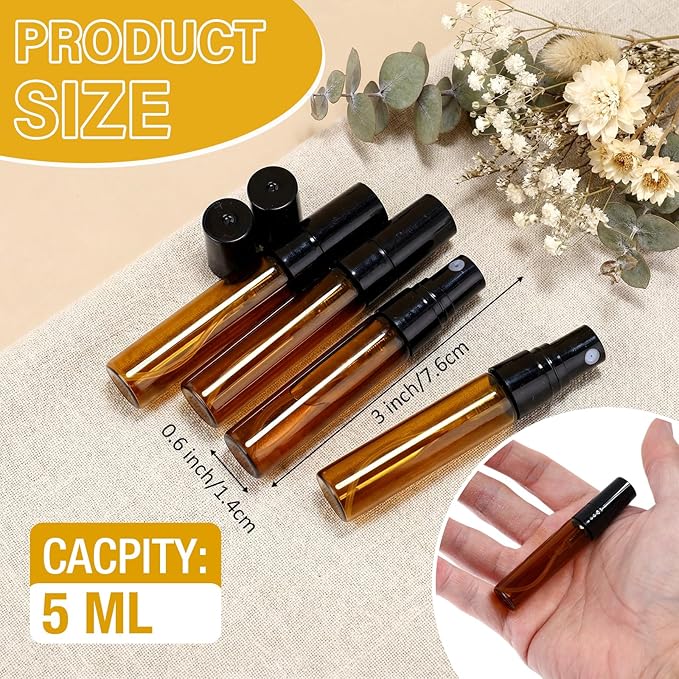 Tanlade 300 Pcs 5ml Mini Spray Bottles Refillable Brown Glass Travel Perfume Atomizer Mouthwash Bottle Cologne Small Sample Containers for Essential Oils, Retailers