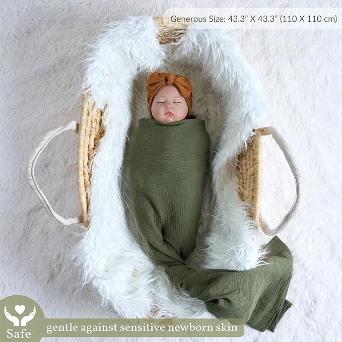 Meracorallo Muslin Swaddle Blanket, 100% Cotton Receiving Blanket Soft and Breathable Swaddle Wrap for Baby Boys and Girls, Olive Green