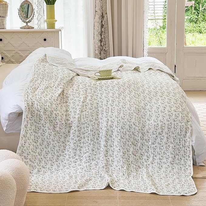 SANACYNA Muslin Blanket 100% Cotton 6-Layer Gauze Floral Bed Blanket Lightweight Soft Breathable Cooling Blanket for Sofa Couch Bed Coverlet Both Sides (Floral A, Throw 50"x60")