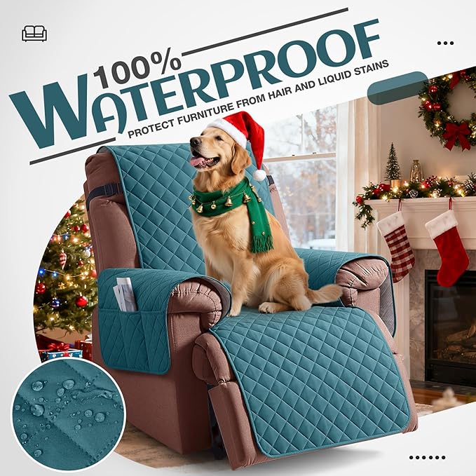 KinCam 100% Waterproof Recliner Chair Cover, Reclining Couch Covers for Pets, Dogs, Recliner Couch Slipcover Furniture Protector with Elastic Straps for Kids(23.6", Peacock Blue)