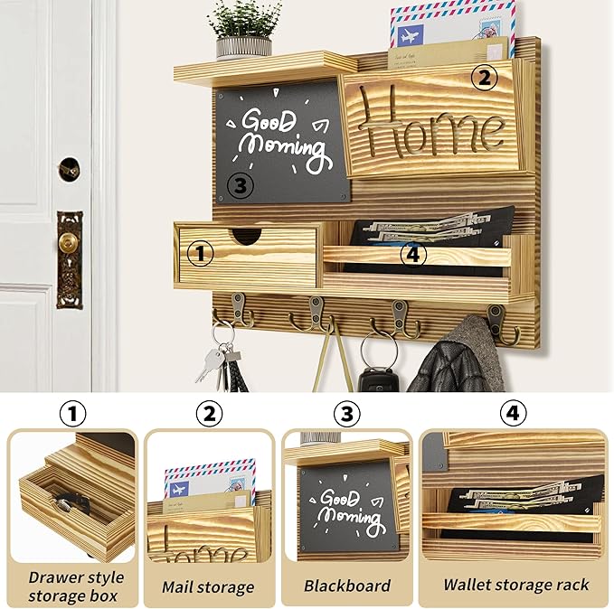 Farmhouse Key Holder for Wall with Mail Organizer - Easy Installation Wall Mount Organizer, Includes Chalkboard, Drawer, Wallet Holder & 4 Double Hooks, Ideal for Entryway, Quick Access - Light Brown