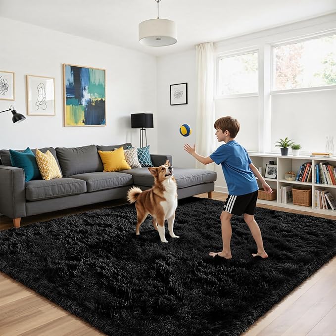 Soft Runner Rugs for Bedroom, Black 3x7 Area Rugs Fluffy Rug Shaggy Area Rug Carpet, Bedside Rug for Living Room Bedroom Kids Room Home Decor