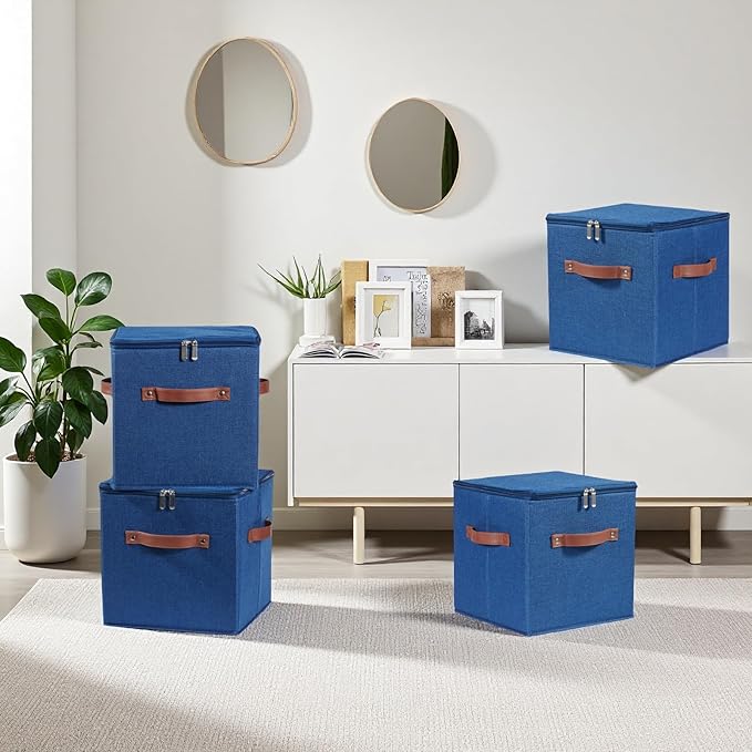 2PCS Storage Cubes with Lid Fabric Storage Bin Box PU Leather Handles Cotton Linen Closet Organizer Container Decorative Foldable Washable Shelf Cloth Basket (Zipper Lid, Deep Blue, 11in)