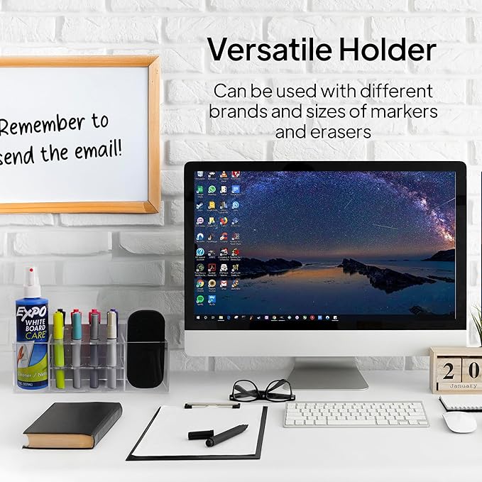 Strong Magnetic Dry Erase Marker Holder for Whiteboard, 8-Slot Acrylic Pen Organizer with Glass and Wall Mount Accessories for Fridge, Office, and Classroom. Markers, Eraser, Cleaner Not Included