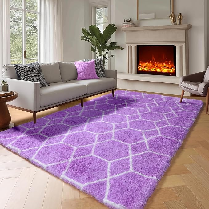 ONASAR Area Rugs for Bedroom Living Room, 4x6 Fluffy Purple and White Throw Rug, Boho Geometric Soft Shaggy Fuzzy Plush Indoor Floor Carpet for Kids Teen Nursery Dorm Home Decor Aesthetic