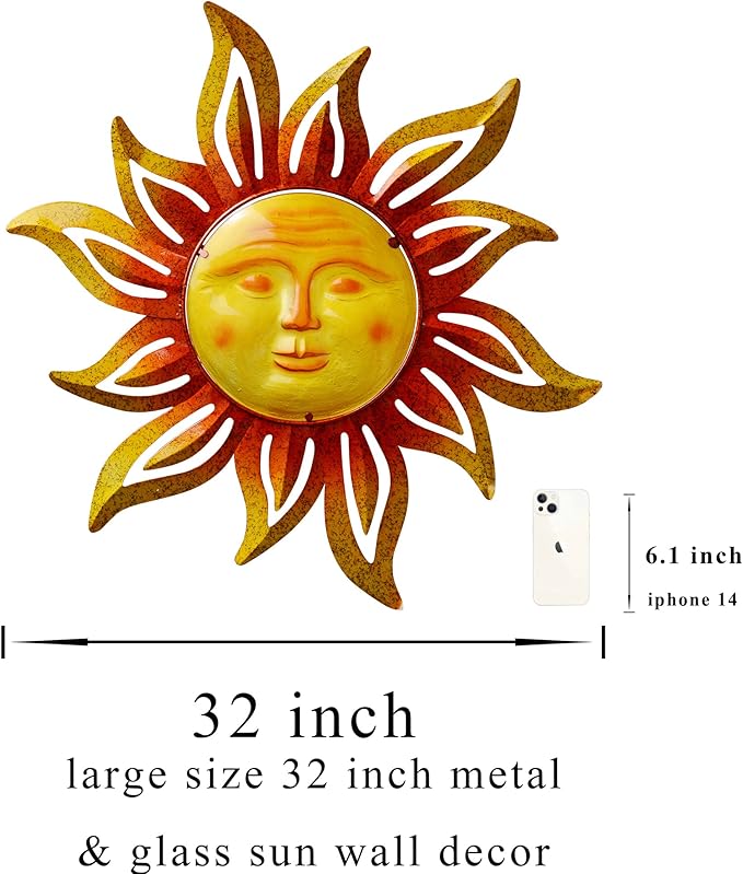 Large Size 32Inch Metal Sun Outdoor Wall Art Decor Large, Hanging for Indoor Outdoor Patio Garden Fence Yard Pool Wall Sculpture Decoration for Living Room
