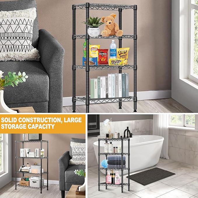 Heavy Duty Stainless Steel Kitchen Storage Rack, Adjustable Shelf Organizer with Non-Slip Mats, Black, for Cabinets, Countertops, Pantries (4-Tier Rack)