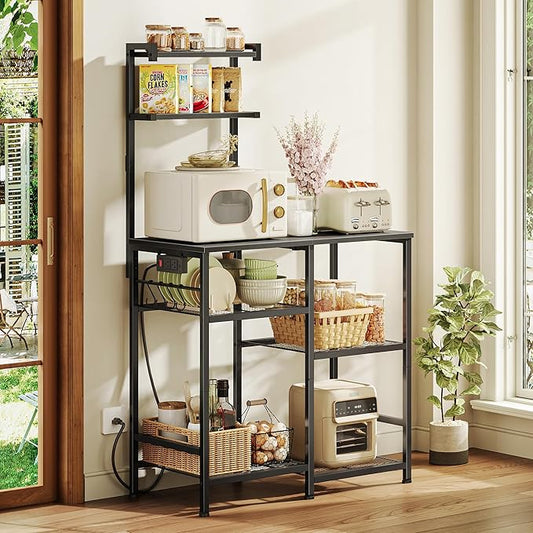 Huuger 31.5 Inch Bakers Rack with Power Outlets, Kitchen Microwave Stand with Storage, Coffee Bar with 4 Hooks, 3-Level Height Open Shelves, Black