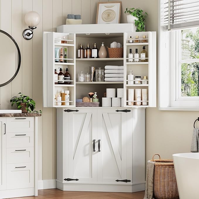 Corner Cabinet,71'' Kitchen Pantry Storage Cabinet with 4 Doors and Shelves, Tall Food Pantry Storage Cabinet Farmhouse Furniture for Kitchen Dining Room, White