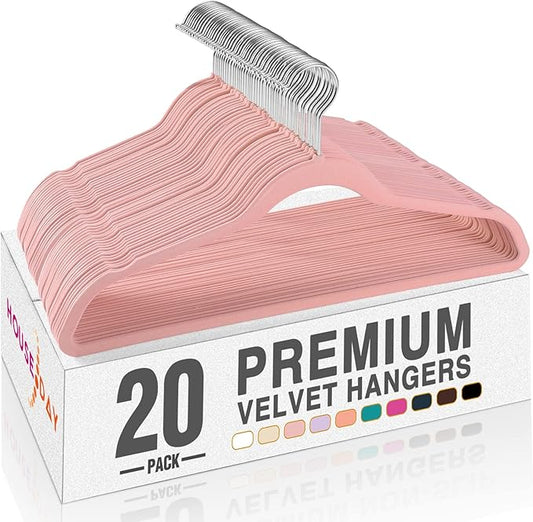 HOUSE DAY Lt Pink Velvet Hangers 20 Pack, Non Slip Clothes Felt Hanger Heavy Duty for Coat, Premium Slim Space Saving Suit Hangers for Closet Organizer, 360° Rotating Silver Hook