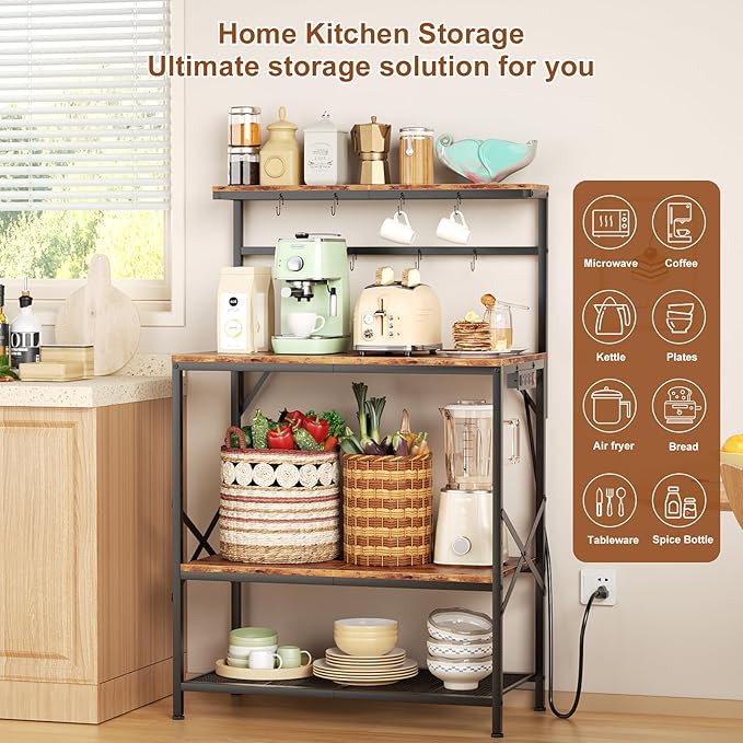 Bakers Racks for Kitchens with Power Outlets, Microwave Stand with 31.5 x 15.7 Inch Larger Desktop, Coffee Bar with Adjustable Middle Shelf, 8 S-Shaped Hooks, Rustic Brown