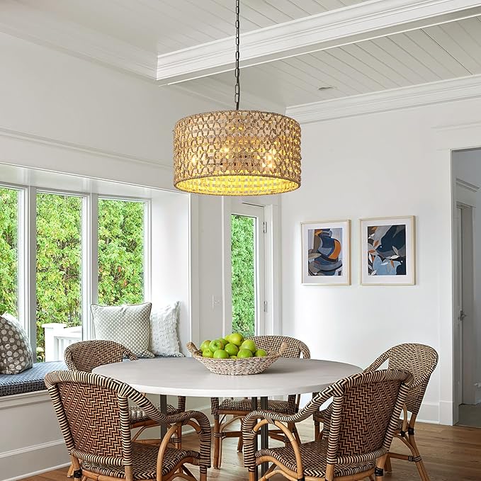 5-Light Boho Rattan Pendant Light, 18" Hand Woven Chandelier Wicker Coast Light Fixture Bohemian Hanging Ceiling Lights Natural Lighting for Dining Room Kitchen Island Living Room Bedroom