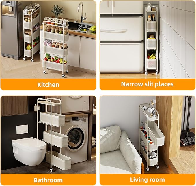 Slim Storage Cart 4 Tier with Pull Out Metal Basket Bathroom Organizer Rolling cart, Installation-Free Rolling Utility Cart Slide Out Organizer for Kitchen, Bathroom, Laundry (White, 4 Tier)