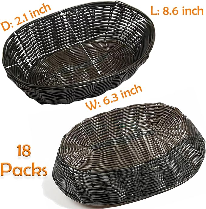 Cheardia 12 Pack Plastic Oval Basket, 8.6 X 6.3 X 2.1 Inch Woven Bread Baskets for Serving Small Empty Gift Baskets, Imitation Rattan Basket for Kitchen Restaurant Centerpiece Display - Dark Brown