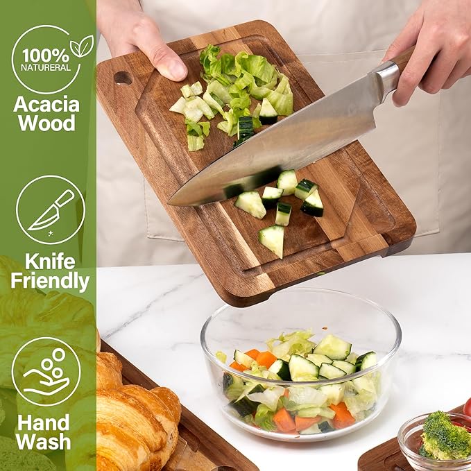 WILLKOMMEN Acacia Wood Cutting Board for Kitchen, 3-Piece Chopping Boards Set with Stand, Juice Groove, Handles & Hanging Holes, Butcher Block for Meat, Vegetables (Small, Medium, Large)