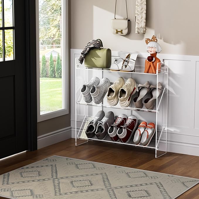Acrylic Shoe Rack 3-Tier Clear Shoe Organizer for Closet, Shoe Shelf Storage for Entryway (Clear, 27.5“×6.7”×27“)