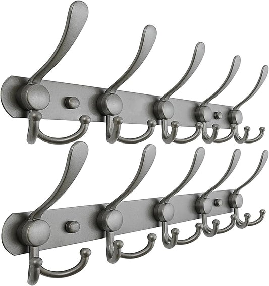 Dseap Coat Rack Wall Mounted - 5 Tri Hooks, Heavy Duty, Stainless Steel, Metal Coat Hook Rail for Coat Hat Towel Purse Robes Mudroom Bathroom Entryway (Grey, Pack of 2)