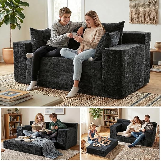 Convertible Sofa Bed, 5 in 1 Small Boneless Couch Pull Out Loveseat Sleeper Sofa,Corduroy Futon Couch Folding Mattress with 4 Pillows for Living Room Bedroom Lounge (No Assembly)