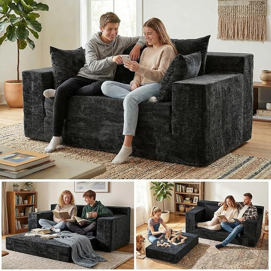 Convertible Sofa Bed, 5 in 1 Small Boneless Couch Pull Out Loveseat Sleeper Sofa,Corduroy Futon Couch Folding Mattress with 4 Pillows for Living Room Bedroom Lounge (No Assembly)