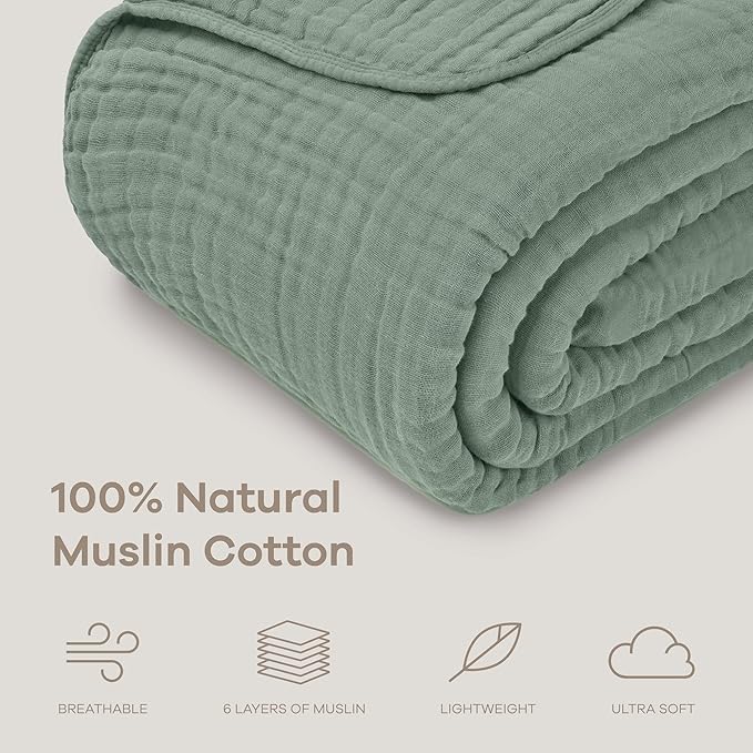 Comfy Cubs Muslin Blanket for Adults King 108" x 90" - 6 Layer Soft, Breathable & Lightweight Muslin Adult Blanket - Machine Washable & Designed in The US Bedding for All Seasons - Fern