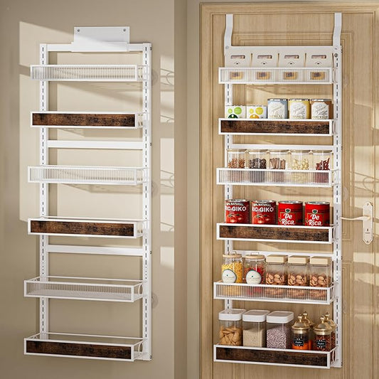 6 Tier Over the Door Pantry Organizer 2 IN 1 Hanging or Wall Mounted Spice Rack with Adjustable Basket,Heavy Duty Seasonning Storage Shelf for Kitchen Pantry and Bathroom