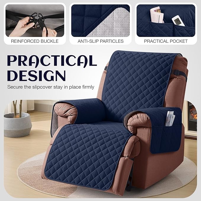 KinCam 100% Waterproof Recliner Chair Cover, Reclining Couch Covers for Pets, Dogs, Recliner Couch Slipcover Furniture Protector with Elastic Straps for Kids(28", Dark Blue)