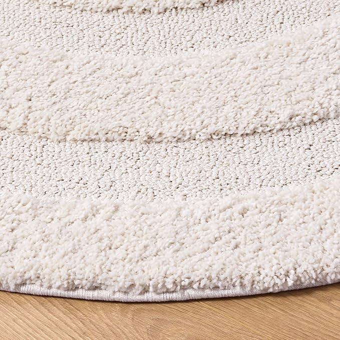 SAFAVIEH Florida Shag Collection Area Rug - 4' Round, Creme & Creme, Border Design, Non-Shedding & Easy Care, 1.2-inch Thick Ideal for High Traffic Areas in Living Room, Bedroom (SG454-1111)