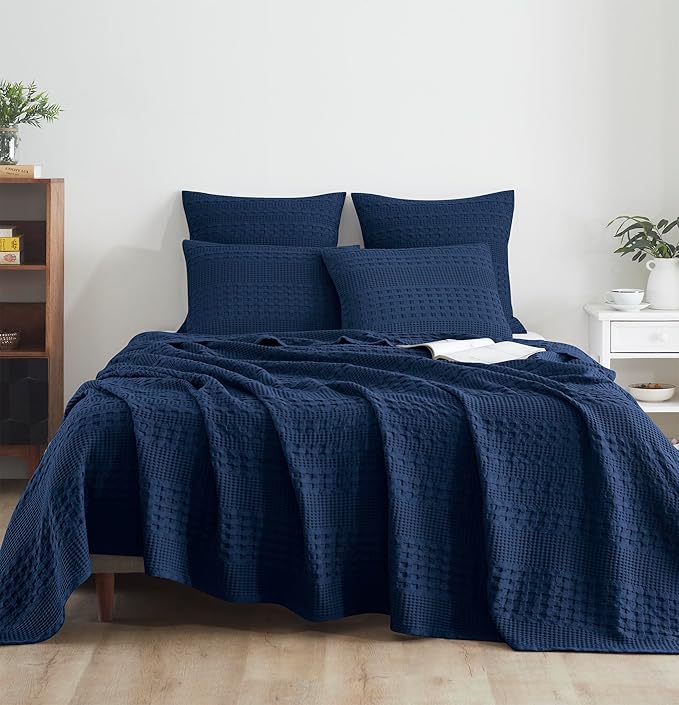 VHC Brands 100% Cotton Waffle Weave Twin Blanket 66"x90", Decorative Lightweight Spring and Summer Throw Blanket, Bedroom Decor for Bed, Couch, or Sofa, Navy