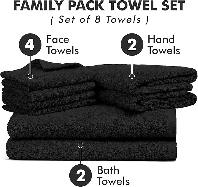 Bath Towels Set of 8 – 100% Cotton (Black) Bathroom Towel Set Bale Includes 2 Bath, 2 Hand, 4 Face Towels – Soft, Absorbent & Quick Dry Towel for Bathroom, Spa, Kitchen, Hotel Use