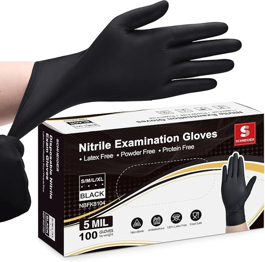 Schneider Black Nitrile Exam Gloves, 5 Mil Disposable Gloves, Latex Free & Powder Free, for Medical, Cleaning, Food Prep