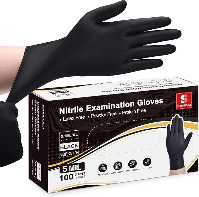 Schneider Black Nitrile Exam Gloves, 5 Mil Disposable Gloves, Latex Free & Powder Free, for Medical, Cleaning, Food Prep
