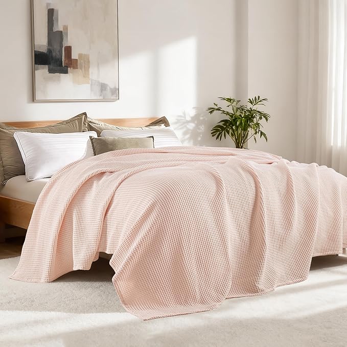 Exclusivo Mezcla 100% Cotton Waffle Weave Blanket Twin Size, Soft, Lightweight and Breathable Muslin Gauze Blanket for Dorm, Home Decor, All Season, 60"x80", Pink